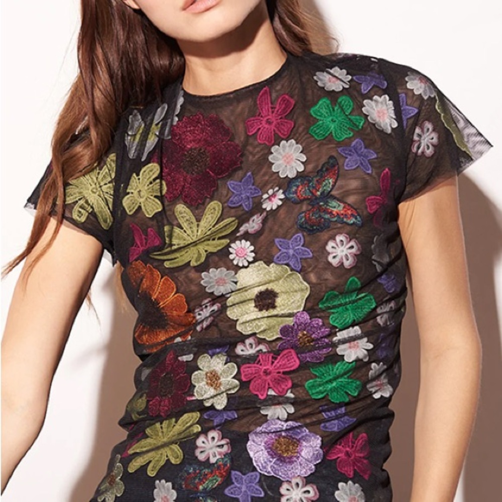 Boheme Multicolor Floral Embroidered Black Tee